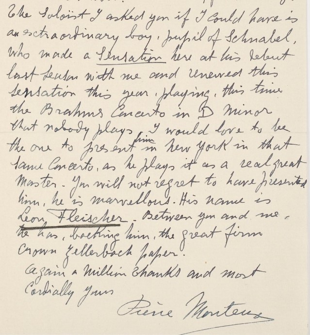 Detail of 1944 letter from Pierre Monteux to Philharmonic Associate Manager Bruno Zirato.