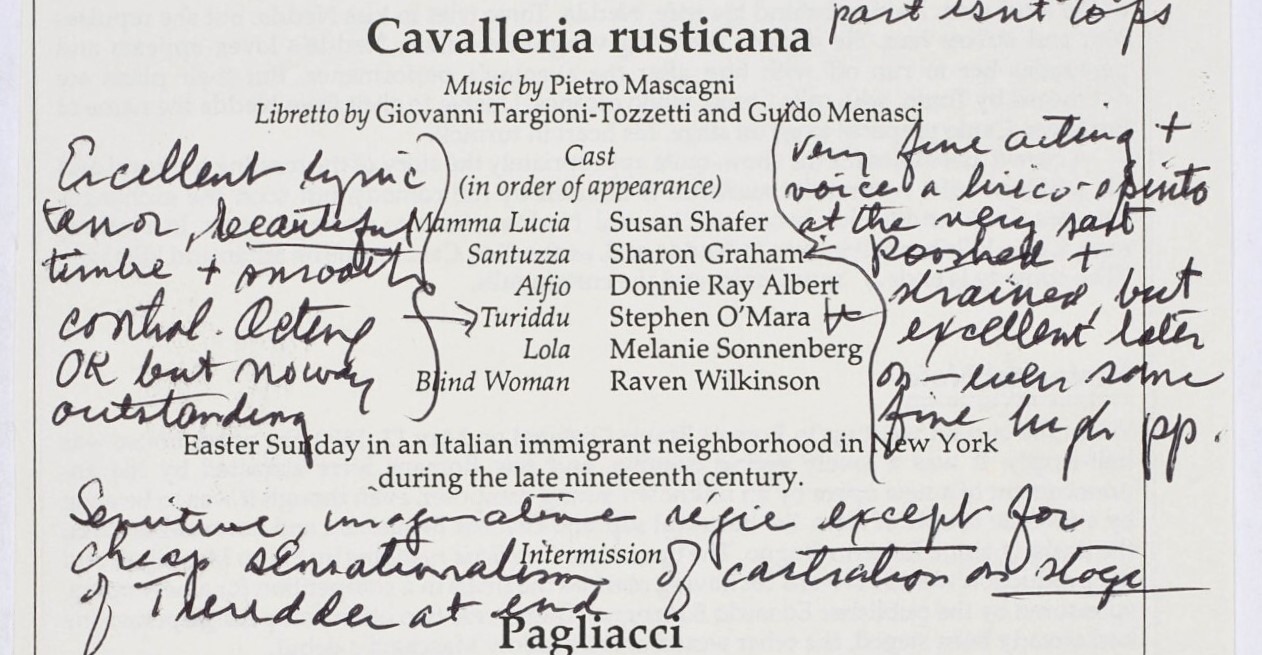Page from a 1991 New York City Opera program with handwritten comments by Edward Downes.