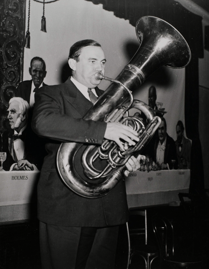 Black-and-white photo of William Bell playing the tuba.