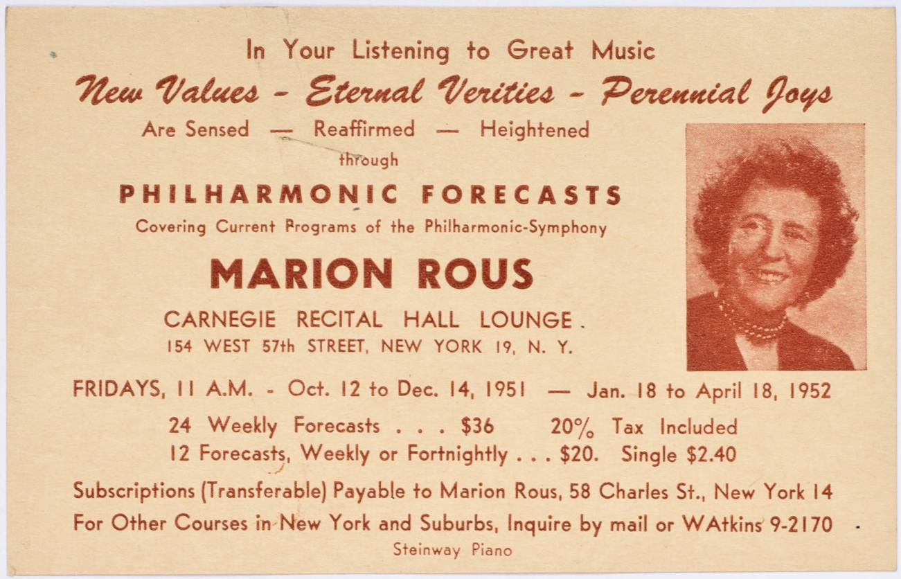 Flyer advertising Marion Rous's Philharmonic Forecasts lecture series for the 1951-52 concert season.