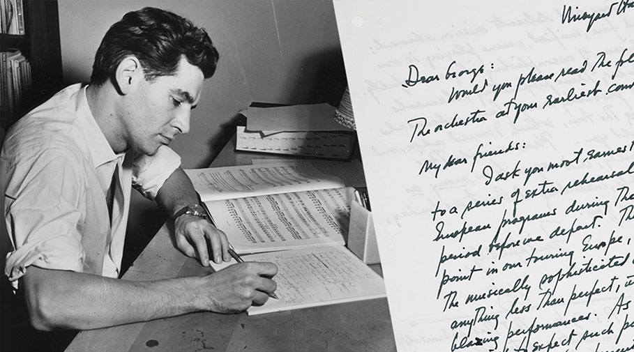 Photo of Leonard Bernstein writing at a desk with the image of a handwritten letter of his superimposed.