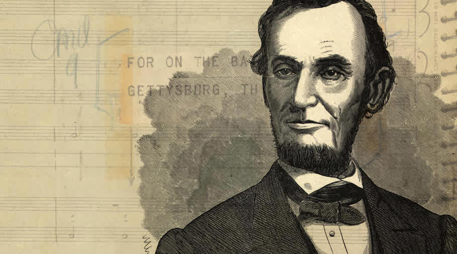 Engraving of Abraham Lincoln superimposed on a page of Copland's score.