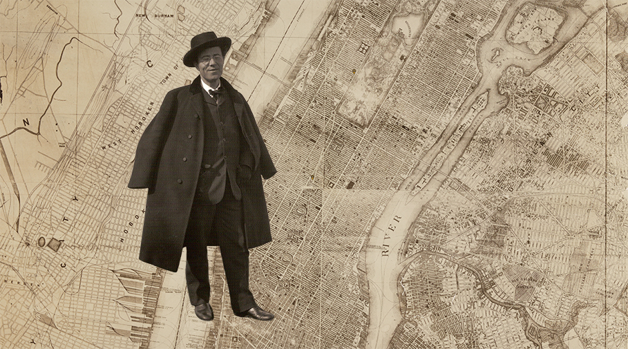 Photo of Gustav Mahler superimposed on a historical map of New York City.