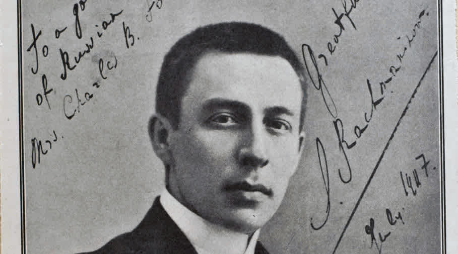 Detail of an autographed portrait of Rachmaninoff.