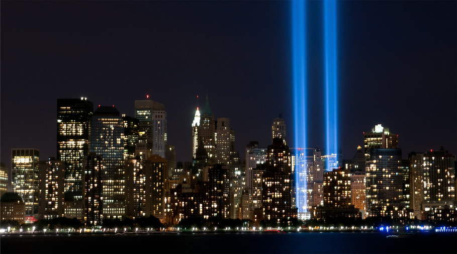 Photo of the New York City skyline with lights representing the Twin Towers.